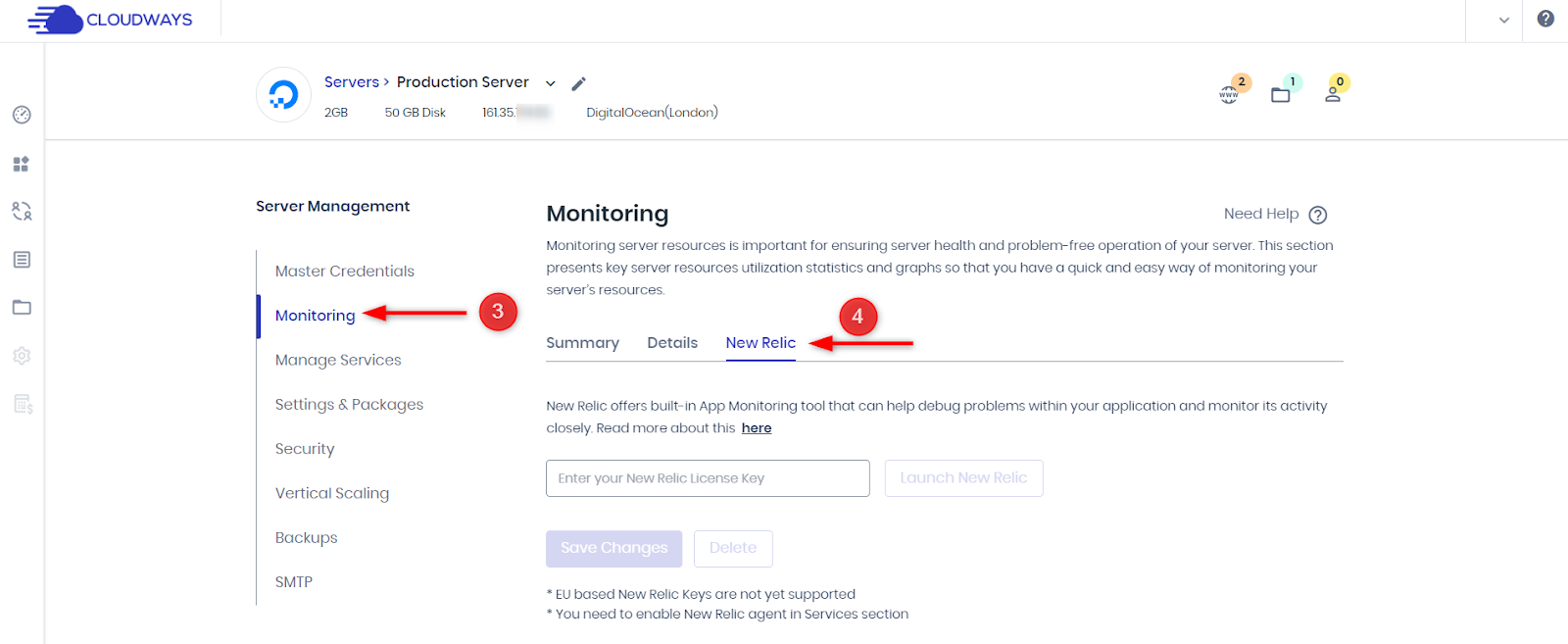 Under Server Management, select Monitoring and switch to the New Relic tab