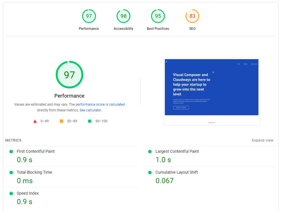 Visual Composer Performance on PageSpeed Insights