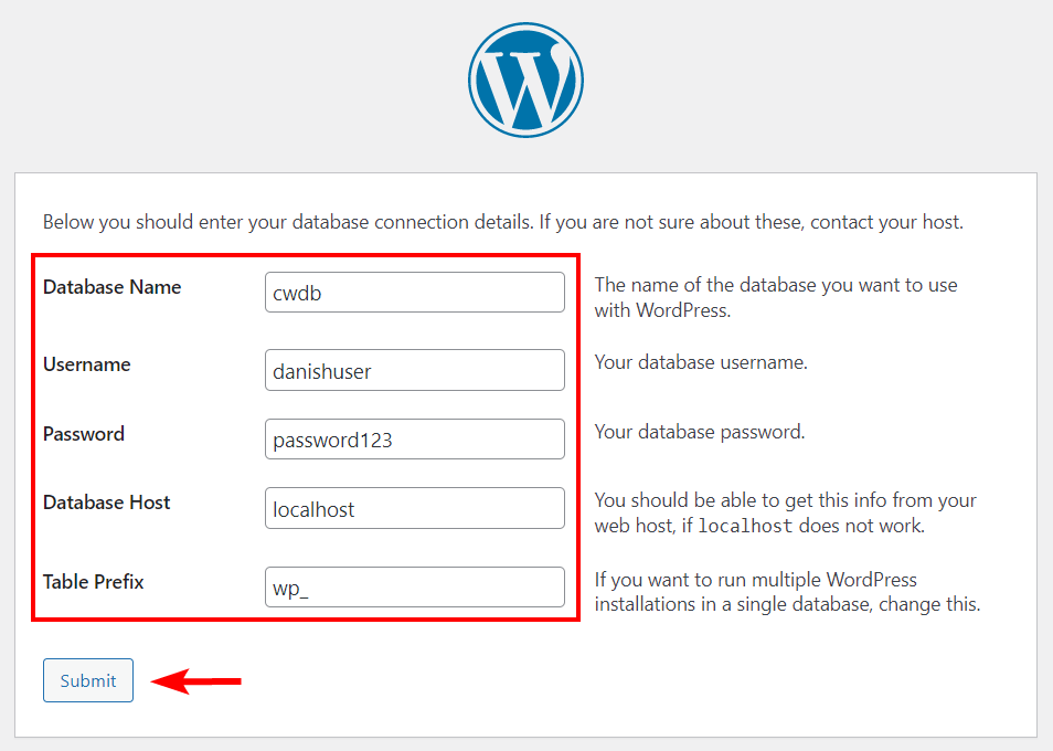 WordPress installation configuration