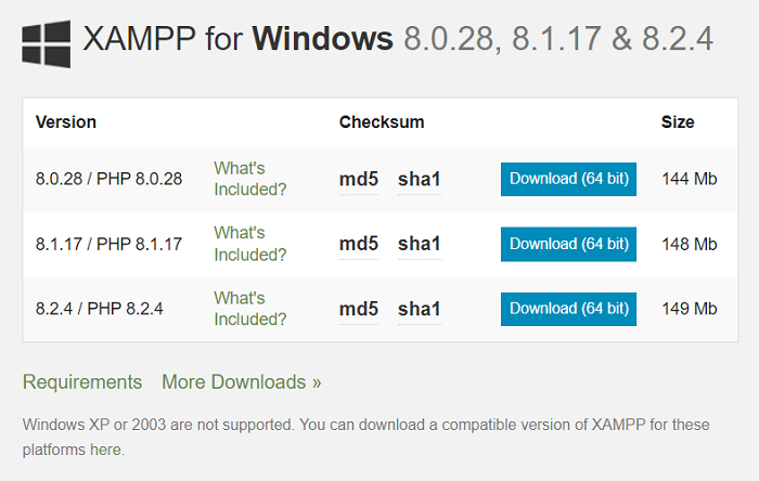 XAMPP, downloadable from the Apache website