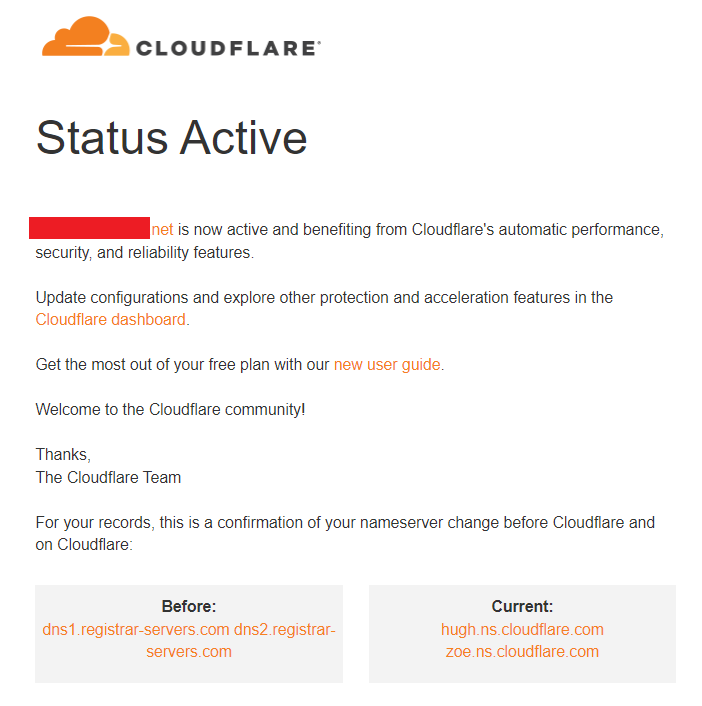 You'll also receive an email from Cloudflare notifying you that your Cloudflare status is now active