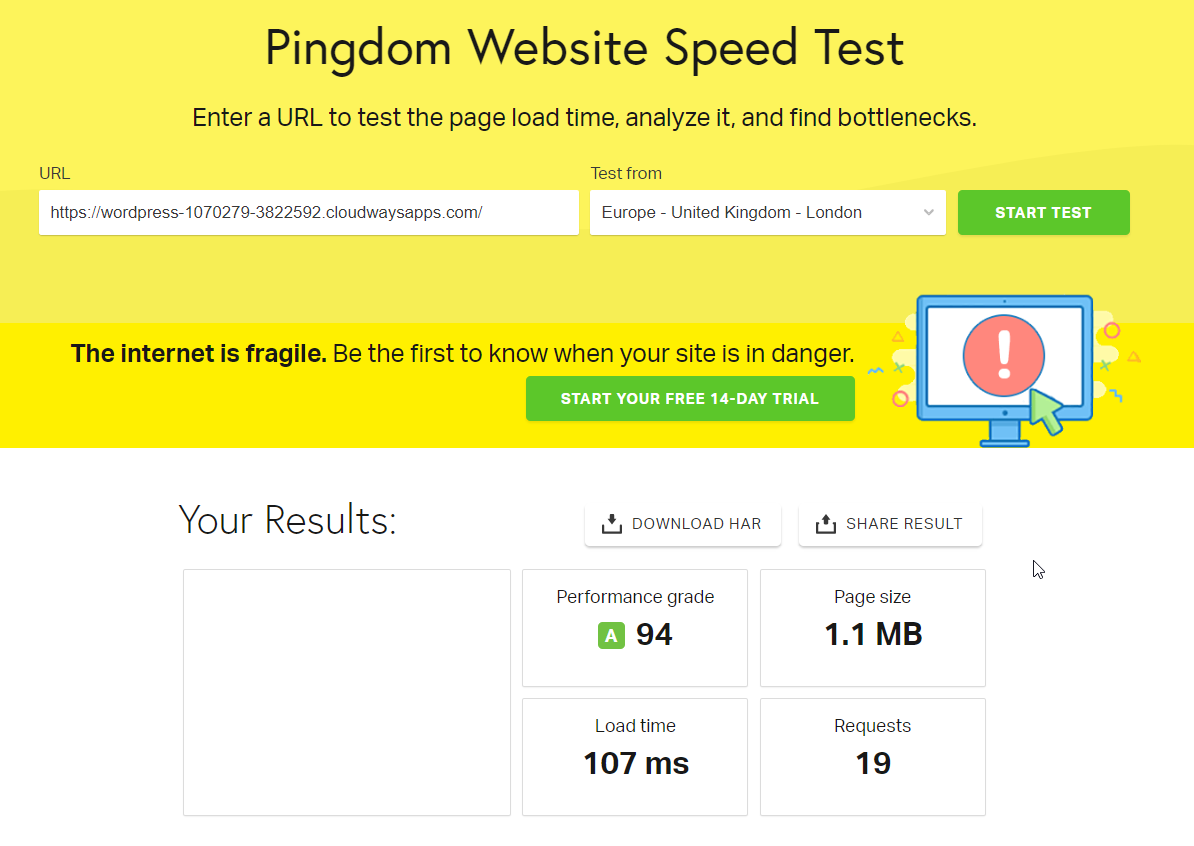 Zion Page Builder Performance on Pingdom