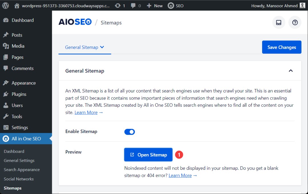 aioseo open sitemaps