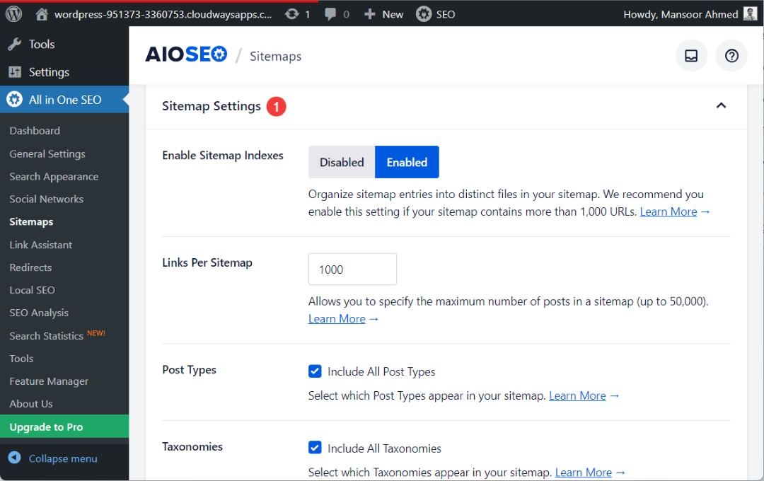 aioseo sitemap settings