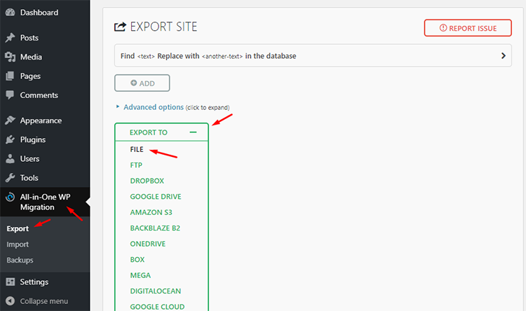 all-in-one wp migration export site