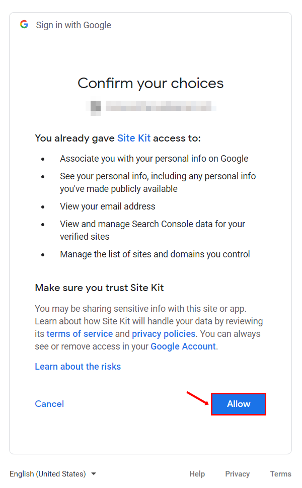 allow access to google site kit