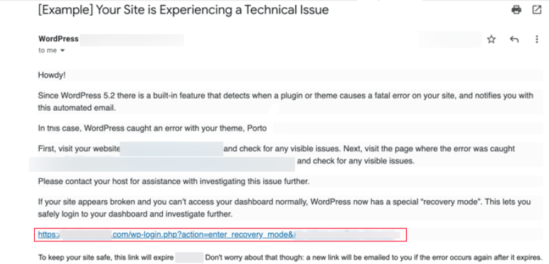 automated email from WordPress providing details on the problematic theme or plugin