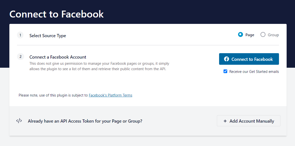 choose to display a Facebook page or a group and connect the plugin to your Facebook account