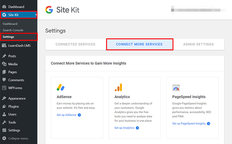 connect more services to google site kit