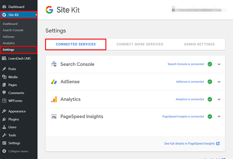 connected services to google site kit