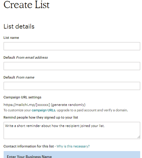 create list mailchimp