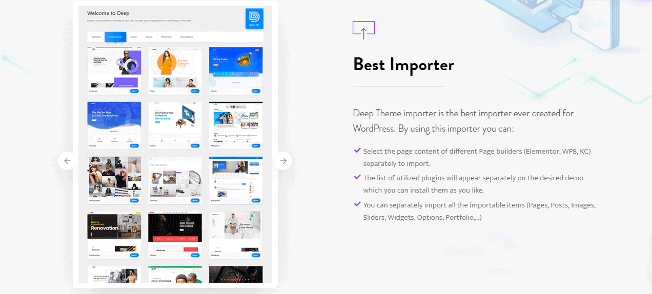 deep WordPress theme easy import feature