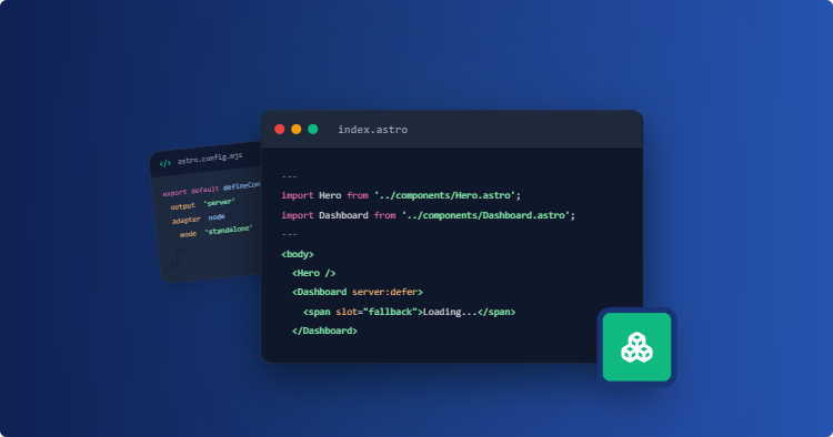Dark code editors showing Hero and Dashboard imports on a blue gradient background with an Astro logo badge.