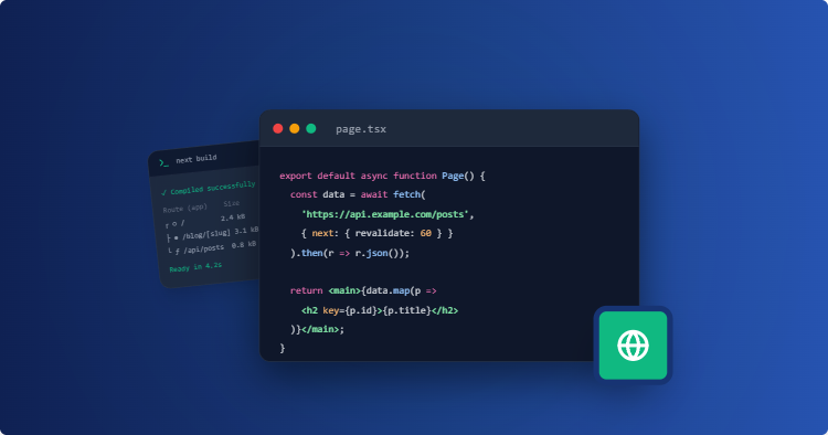 Illustration of a dark code editor with a fetch request to an API, a floating terminal in the background, and a globe badge in the corner.