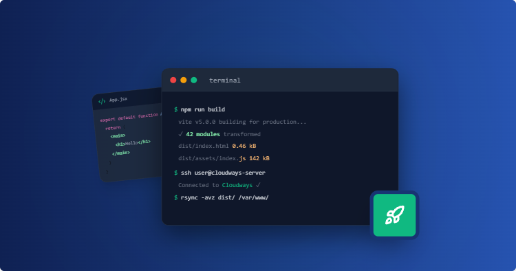 Illustration of a dark terminal window showing npm build and server commands, with a small code snippet card and a green rocket badge on a blue gradient background.