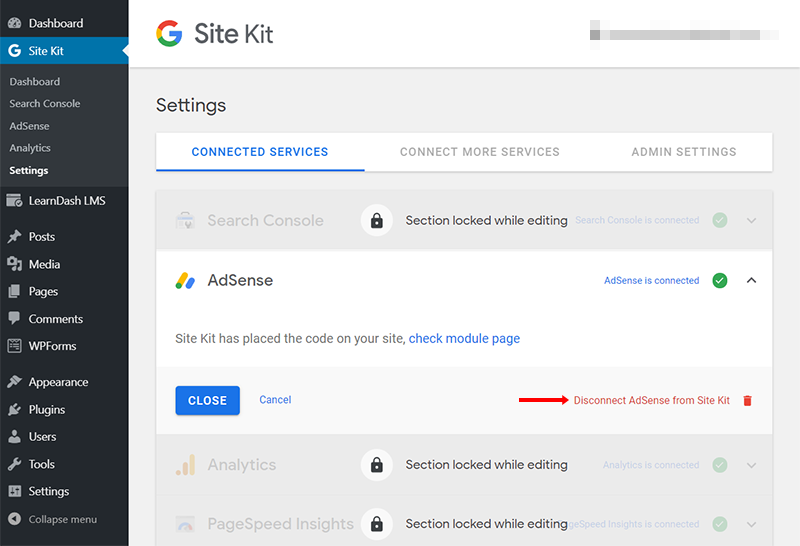 disconnect google adsense from site kit