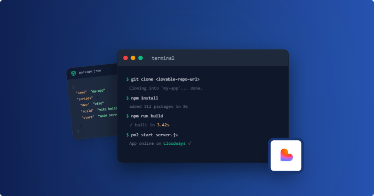 Dark terminal and floating code panels on a blue gradient background, displaying common setup commands (git clone, npm install, npm run build, npm start) with a small colorful app logo in the corner.