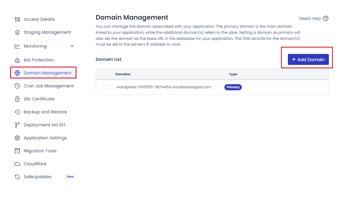 go to the Domain Management tab and select the + Add Domain button
