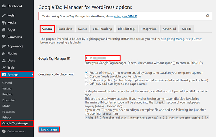 google tag manager plugin settings