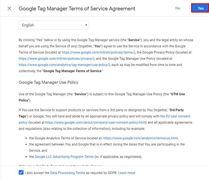 google tag manager terms of service