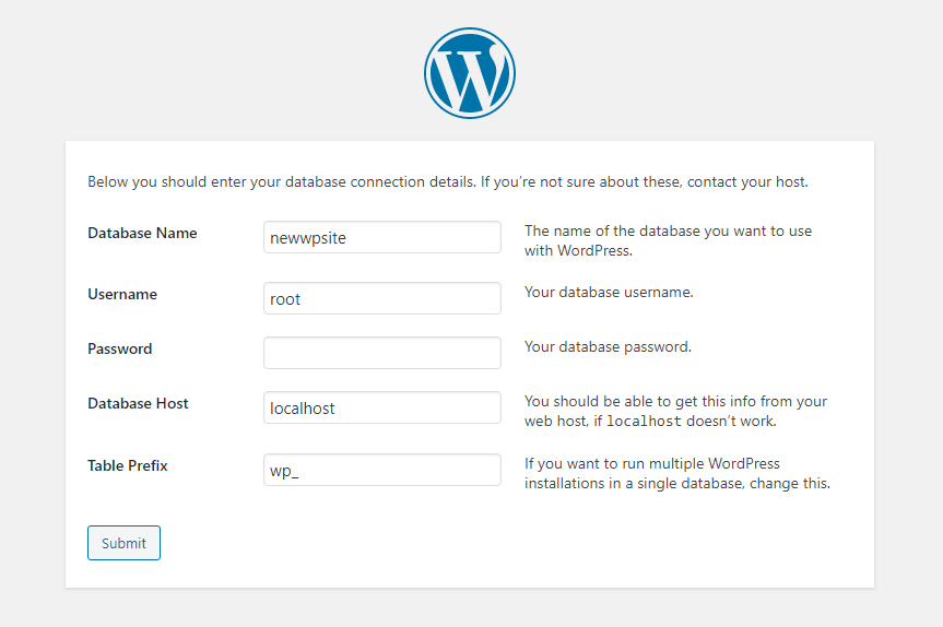 WordPress installation wizard