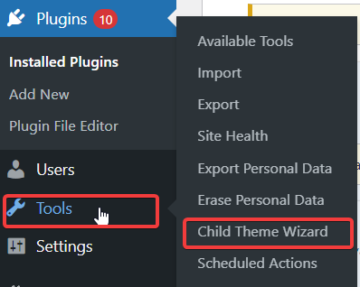 child theme wizard option