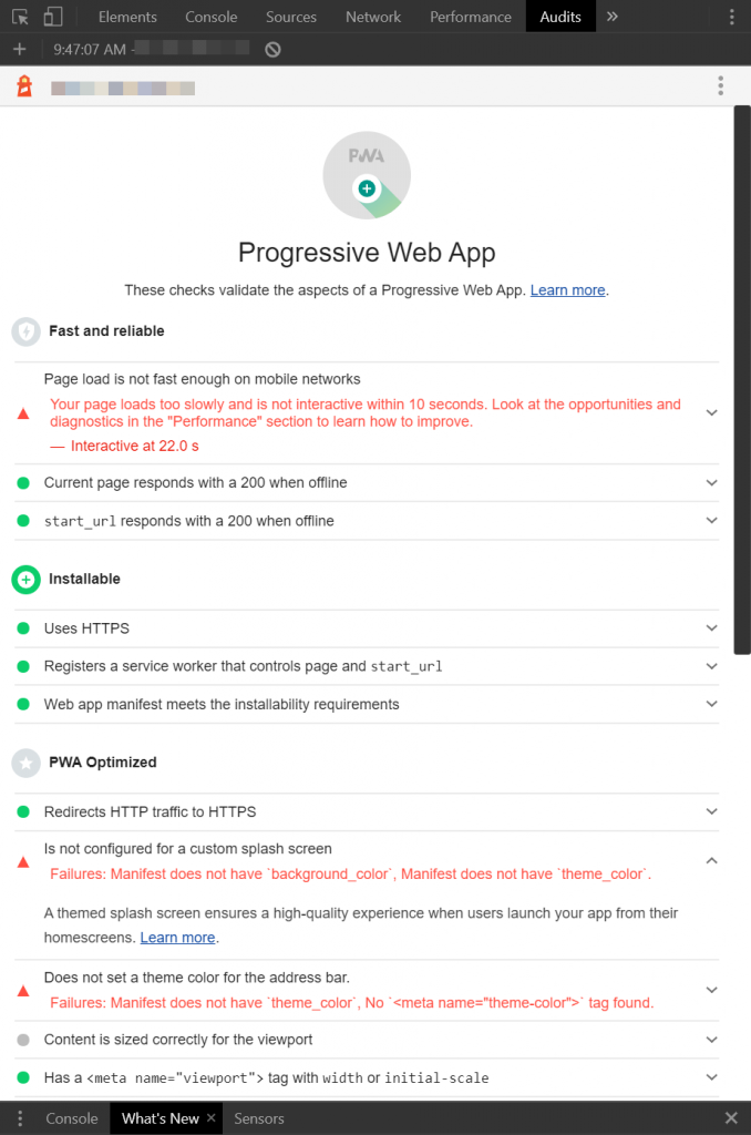 progressive web app lighthouse audit