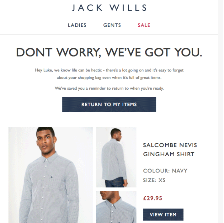  cart abandonment example from Jack Wills