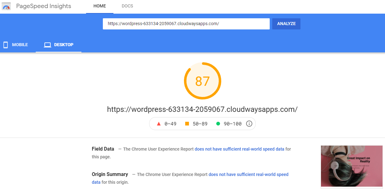 Elementor PageSpeed Insight Test Result 