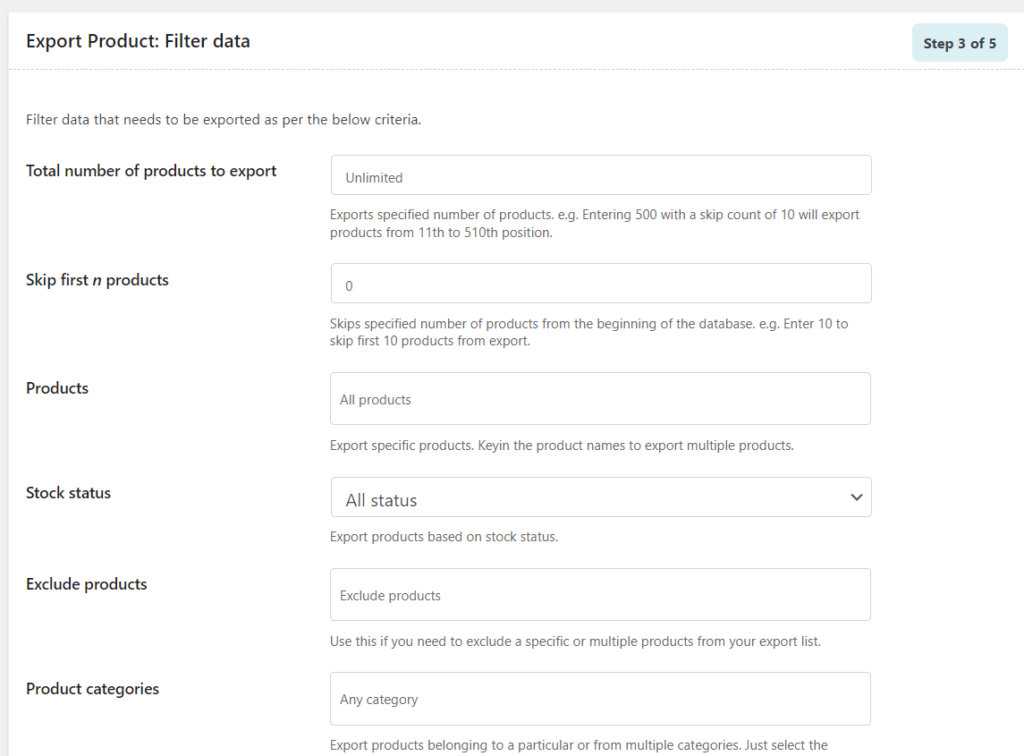 export product: filter data