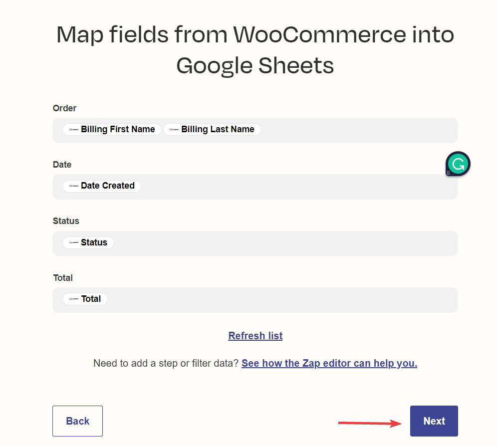 map fields from WooCommerce into Google Sheets