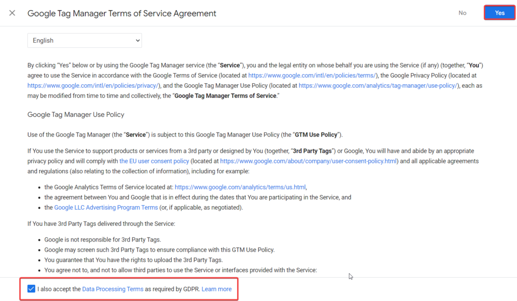 Google Tag Manager's Terms of Service Agreement 