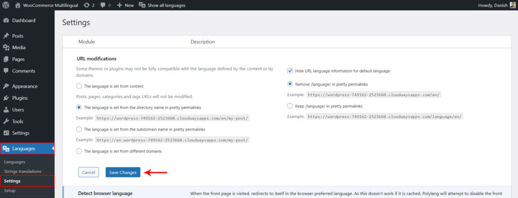 WordPress dashboard > languages > settings