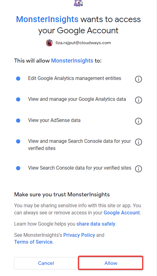 authenticate your Google account with MonsterInsights.