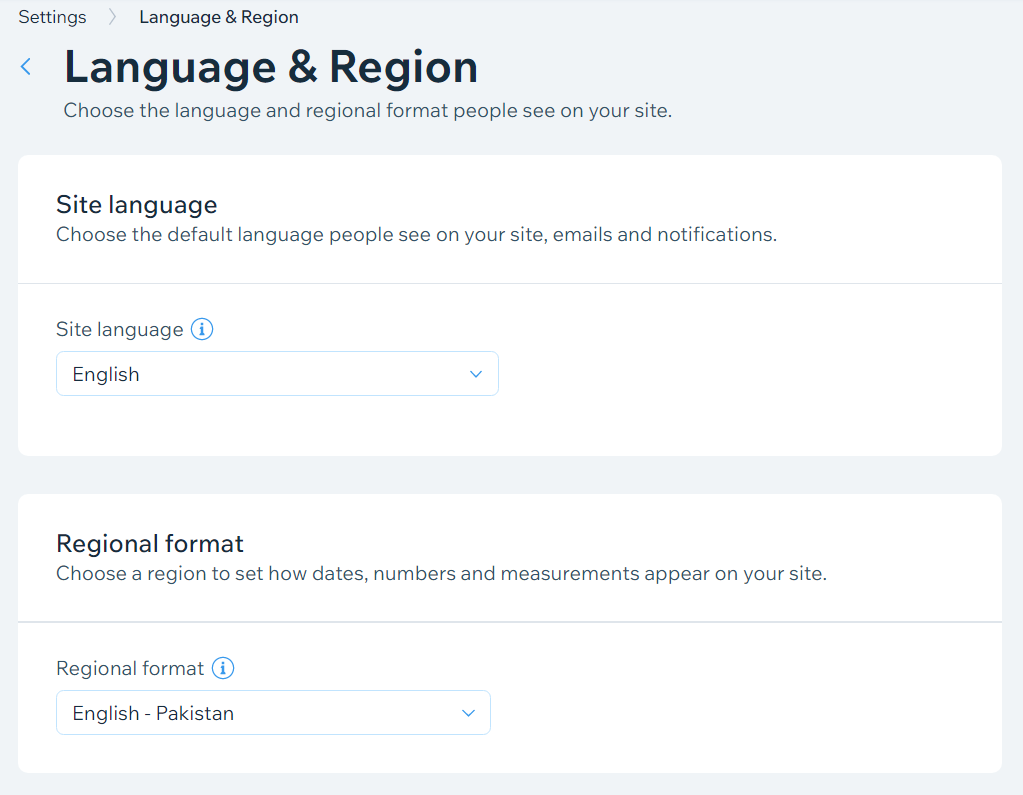 language and region settings on wix