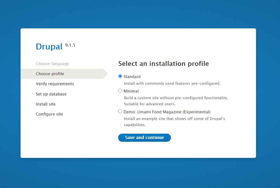 Сайт select. Drupal Интерфейс. Choose a profile. Установить "Experimental": true в Windows.