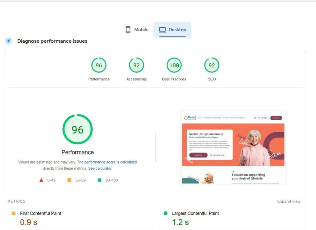 screenshots of PageSpeed Insights results