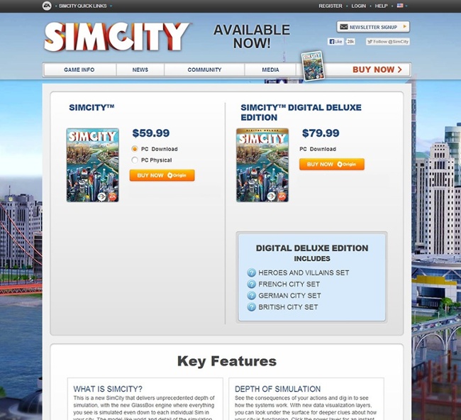 Variation SIMCITY page after A/B tests