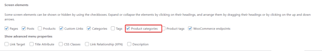 Product Categories" checkbox