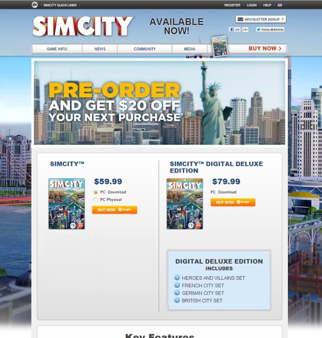 Original Simcity page before A/B tests