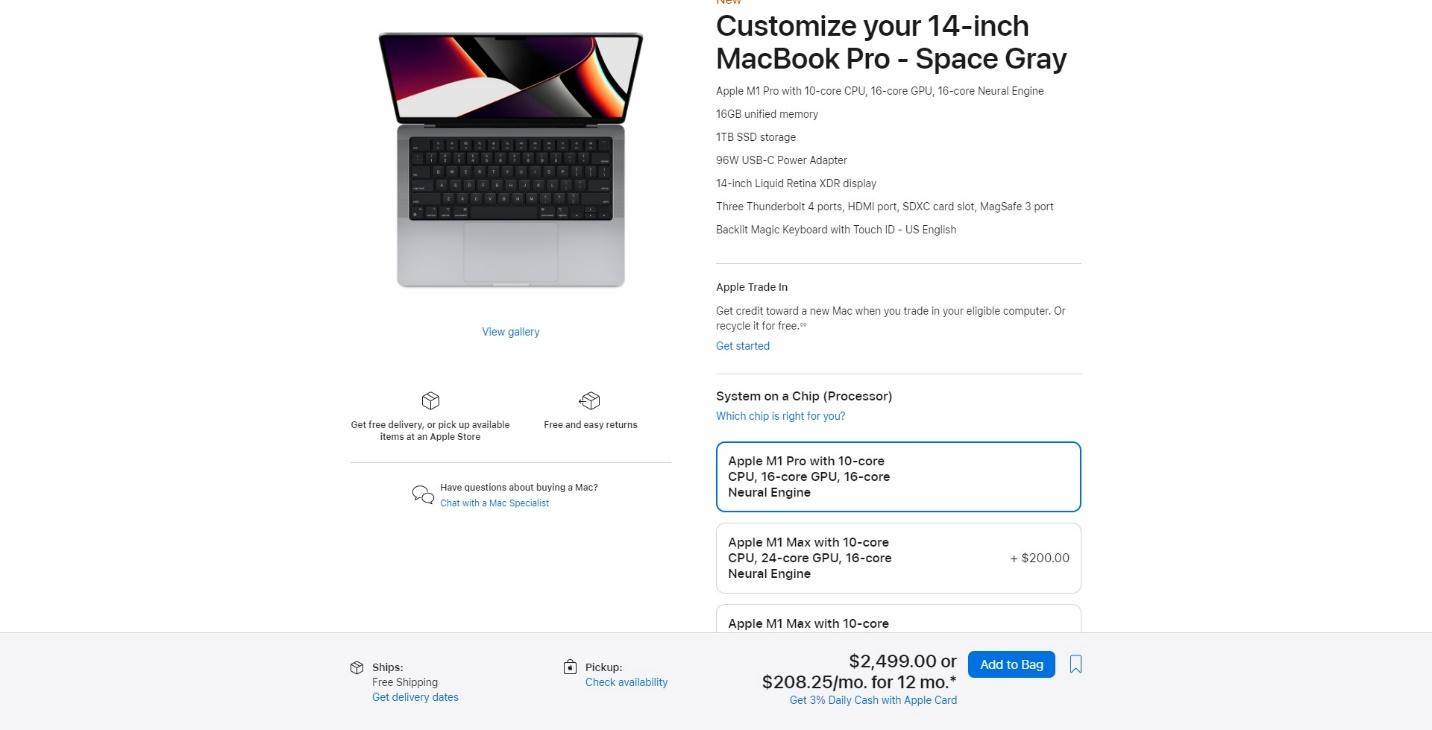 Screenshot of MacBook Pro upsell product page