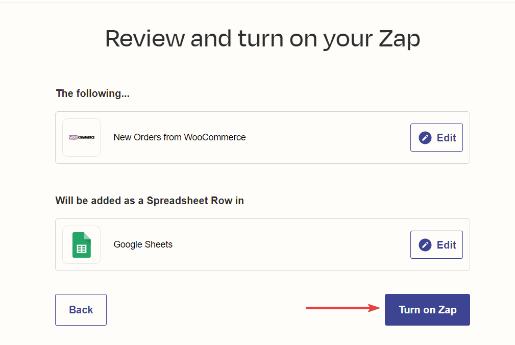Review and Turn on Zap