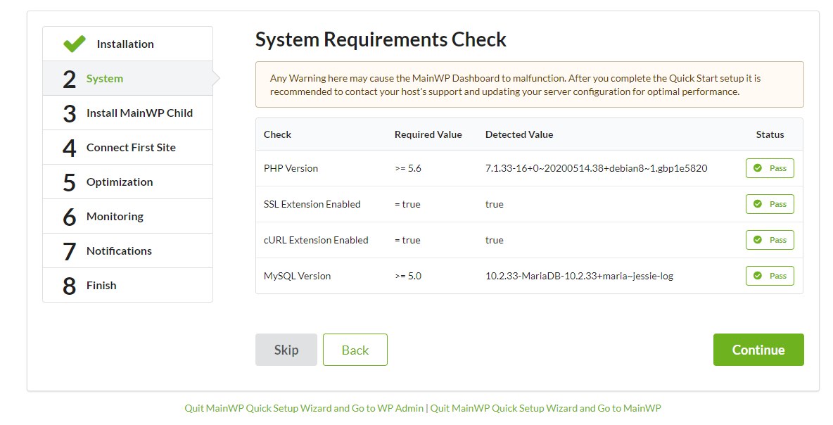 MainWP system requirements check