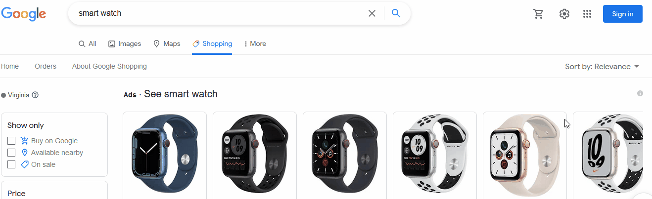 Google Shopping platform display result