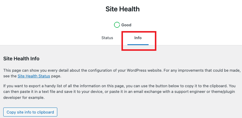 info tab in site health tool in wordpress