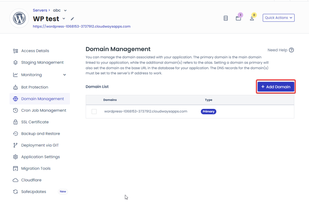 inside the Domain Management tab, add your domain name