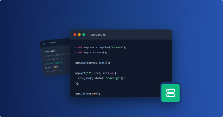Illustration of a dark code editor showing server.js using Express, with an overlapping terminal on a blue gradient background.