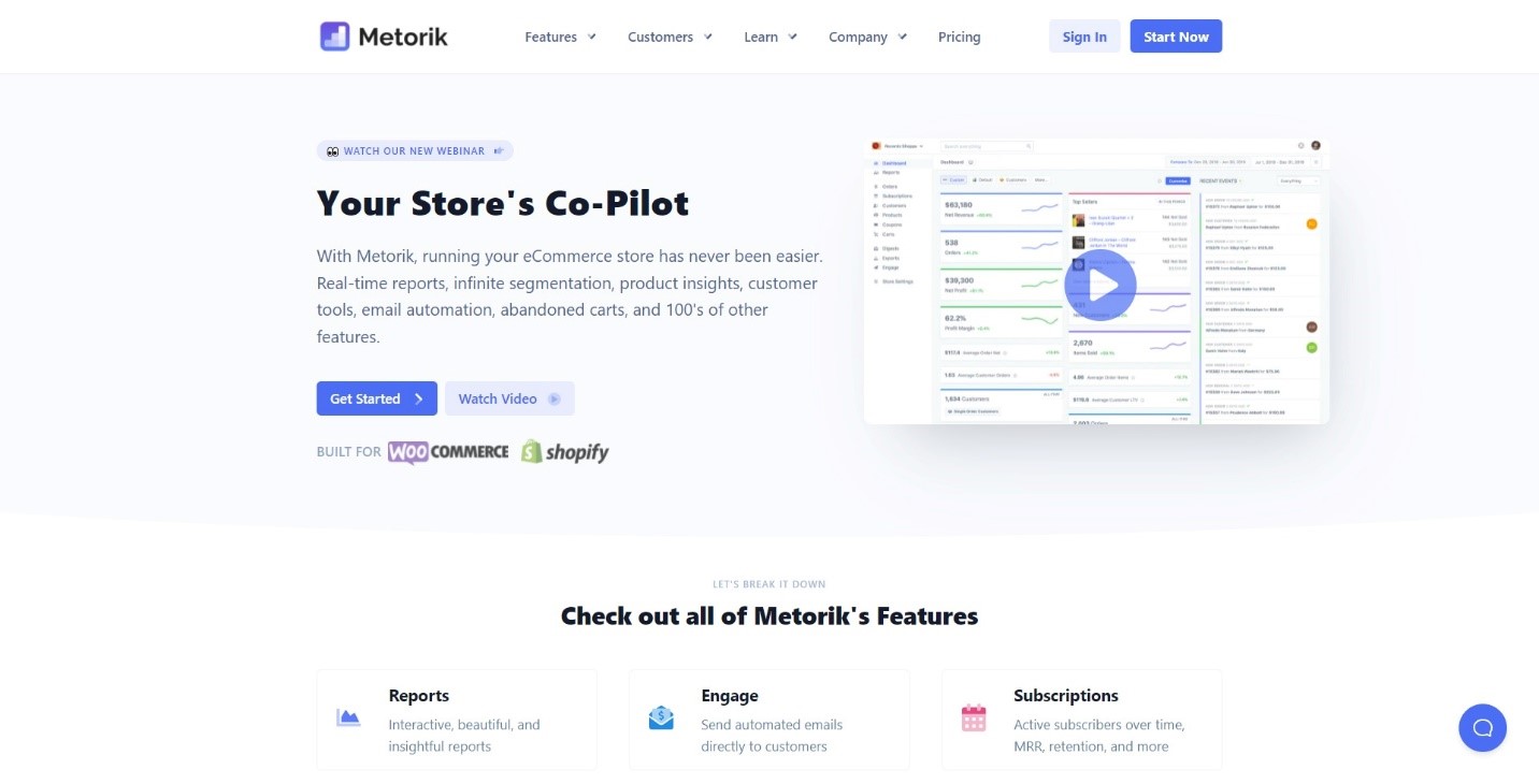 Screenshot showing Metorik's home page