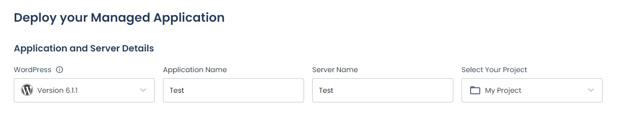 name your Application and Server, and Select Your Project