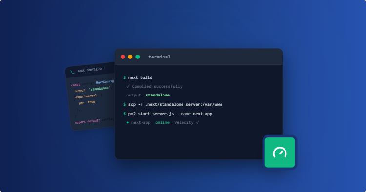 Illustration of a dark terminal window with build commands and status messages on a blue gradient background, plus a green success badge.